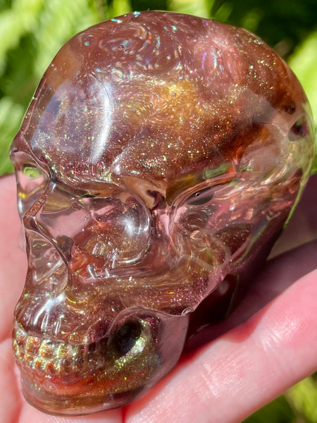 “Mystic” Large Garnet, Smoky Quartz, Red Aventurine, Tigers Eye, Moonstone, Red Jasper, Clear Quartz & Copper Orgonite Skull