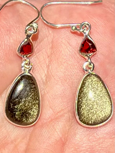 Gold Sheen Obsidian and Garnet Earrings