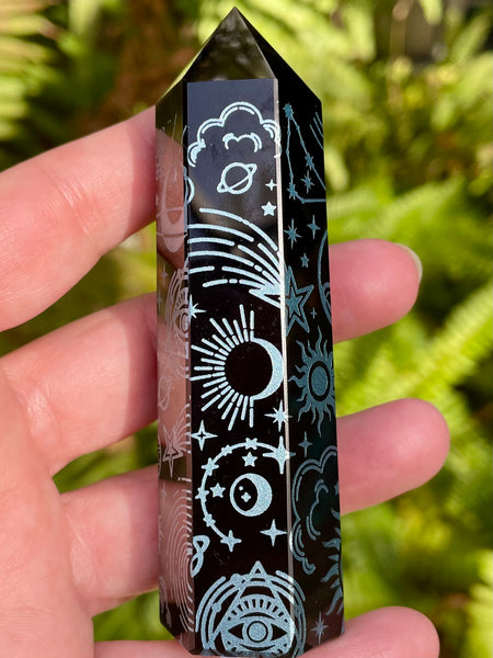 Sacred Symbols Black Obsidian Healing Wand - Turquoise - Morganna’s Treasures 