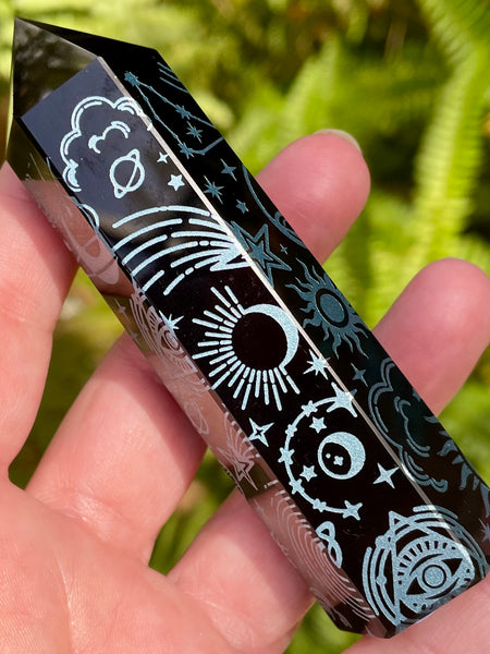 Sacred Symbols Black Obsidian Healing Wand - Turquoise - Morganna’s Treasures 