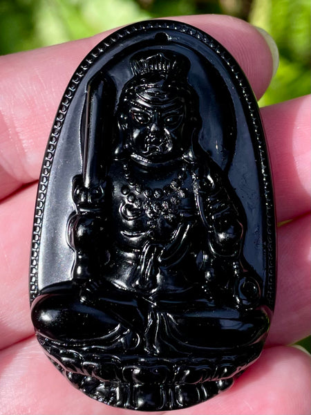 Carved Buddhist Black Obsidian Palm Stone/Pendant - Morganna’s Treasures 