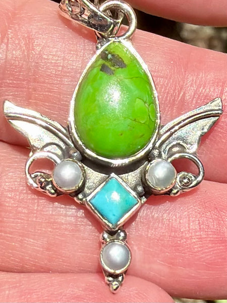 Blue and Green Mohave Turquoise with Pearl Angel Wings Pendant