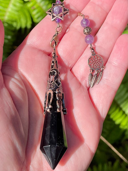 Black Obsidian and Purple Amethyst Dreamcatcher Pendulum