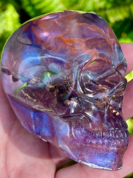 “Magician” Large Super Seven, Sugilite, Rhodochrosite, Amethyst, Clear Quartz & Copper Orgonite Skull - Morganna’s Treasures 