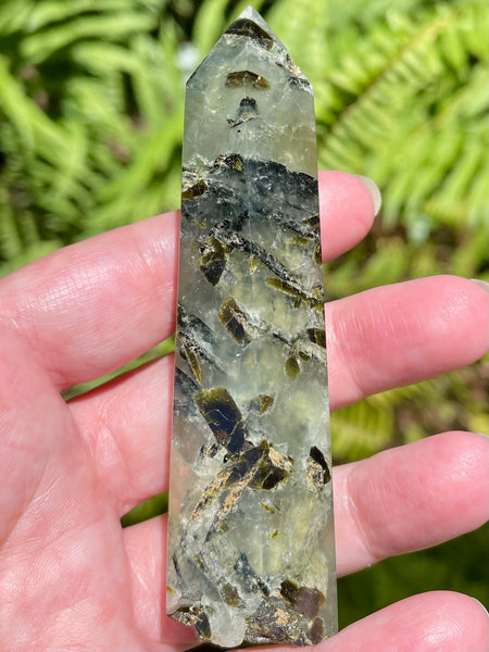 Prehnite with Epidote Healing Wand with Druzy - Morganna’s Treasures