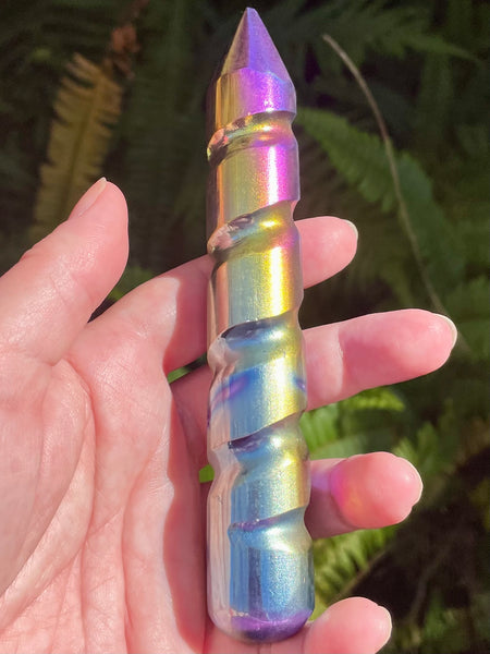 Rainbow Titanium Aura Selenite Spiral Wand - Morganna’s Treasures