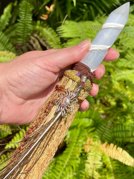 Selenite and Sorghum Altar Broom for Sweeping Away Negative Energy - Morganna’s Treasures