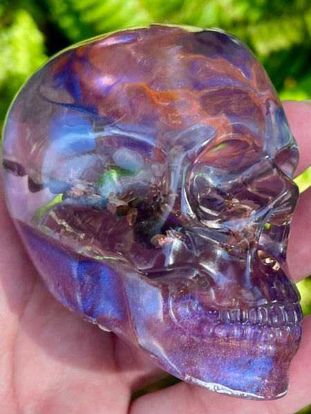 “Magician” Large Super Seven, Sugilite, Rhodochrosite, Amethyst, Clear Quartz & Copper Orgonite Skull - Morganna’s Treasures 