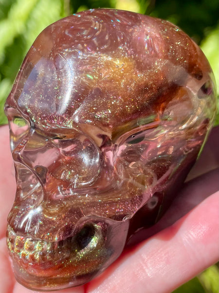 “Mystic” Large Garnet, Smoky Quartz, Red Aventurine, Tigers Eye, Moonstone, Red Jasper, Clear Quartz & Copper Orgonite Skull