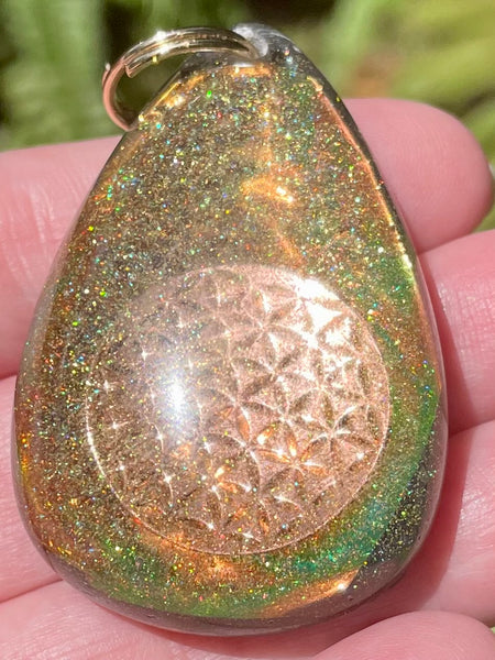 Orange Calcite, Citrine, Quartz & Aluminum Flower of Life Orgonite Pendant - Morganna’s Treasures