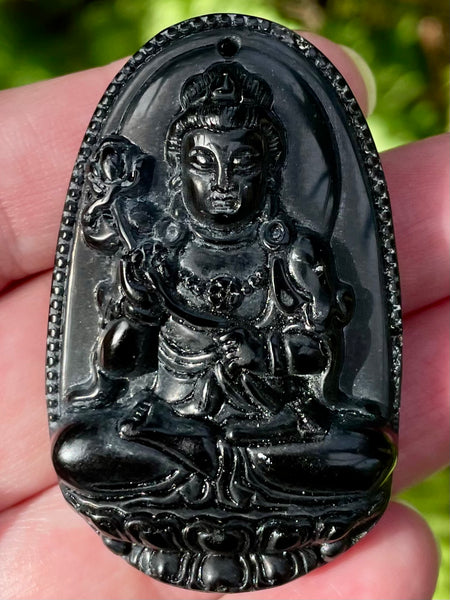 Carved Buddhist Black Obsidian Palm Stone/Pendant - Morganna’s Treasures 