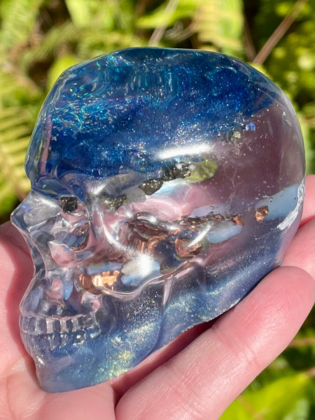 “Celestial” Sodalite, Pyrite, Kyanite, Opalite, Clear Quartz & Copper Orgonite Skull