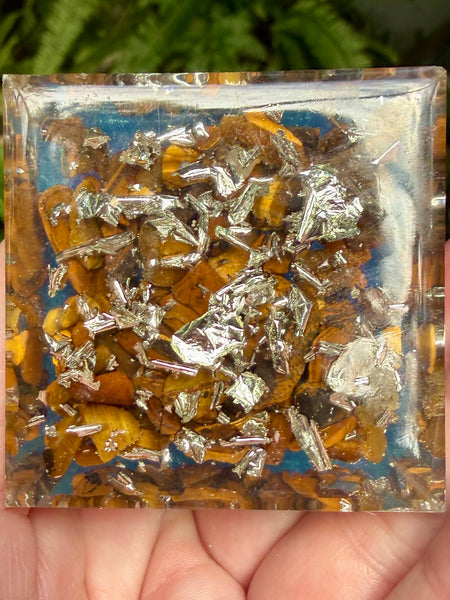 Tigers Eye, Clear Quartz & Copper Orgonite Pyramid