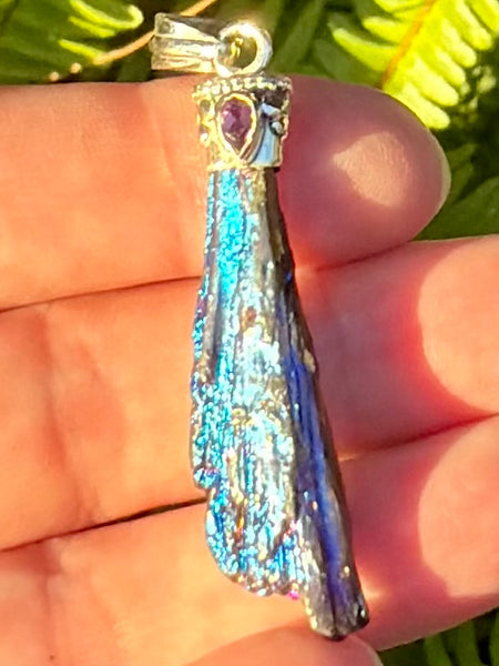 Rainbow Aura Kyanite and Amethyst Pendant - Morganna’s Treasures