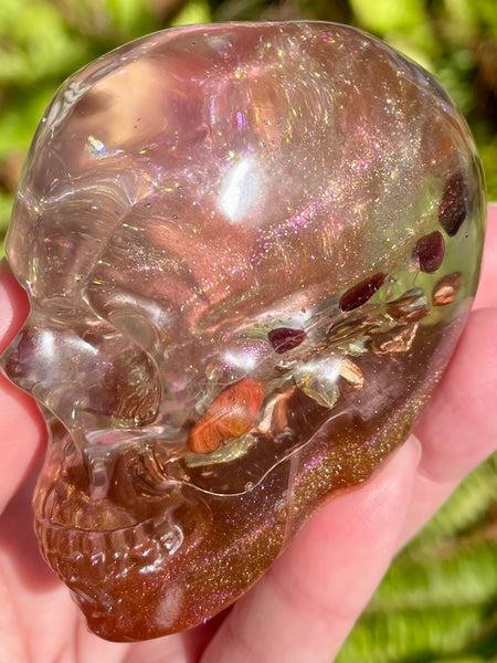 “Visionary” Large Garnet, Rose Quartz, Red Jasper, Clear Quartz & Copper Orgonite Skull