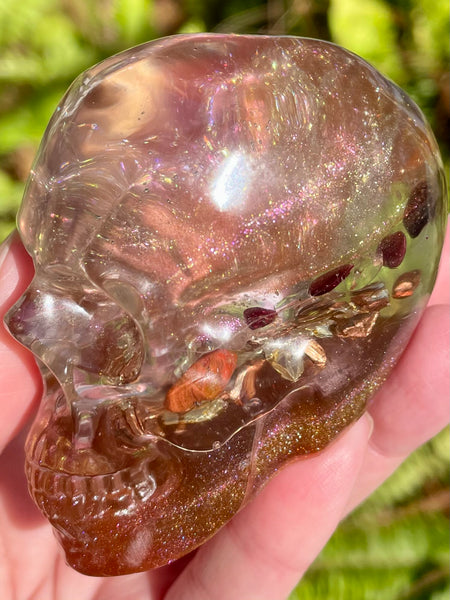 “Visionary” Large Garnet, Rose Quartz, Red Jasper, Clear Quartz & Copper Orgonite Skull - Morganna’s Treasures