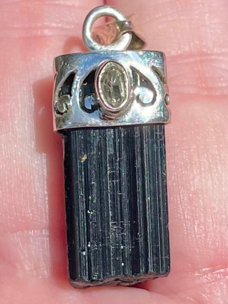 Rough Black Tourmaline and Herkimer Diamond Pendant - Morganna’s Treasures 