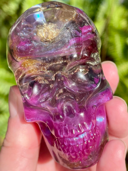 “Conjuror” Large Super Seven, Garnet, Pyrite, Sugilite, Clear Quartz & Copper Orgonite Skull - Morganna’s Treasures 