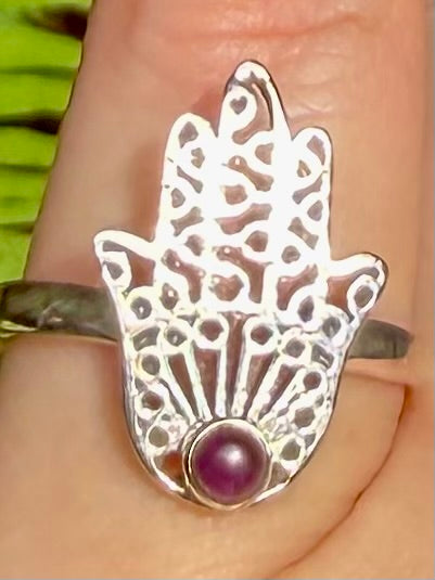 Purple Amethyst Hamsa Hand Ring Size 7.5 - Morganna’s Treasures