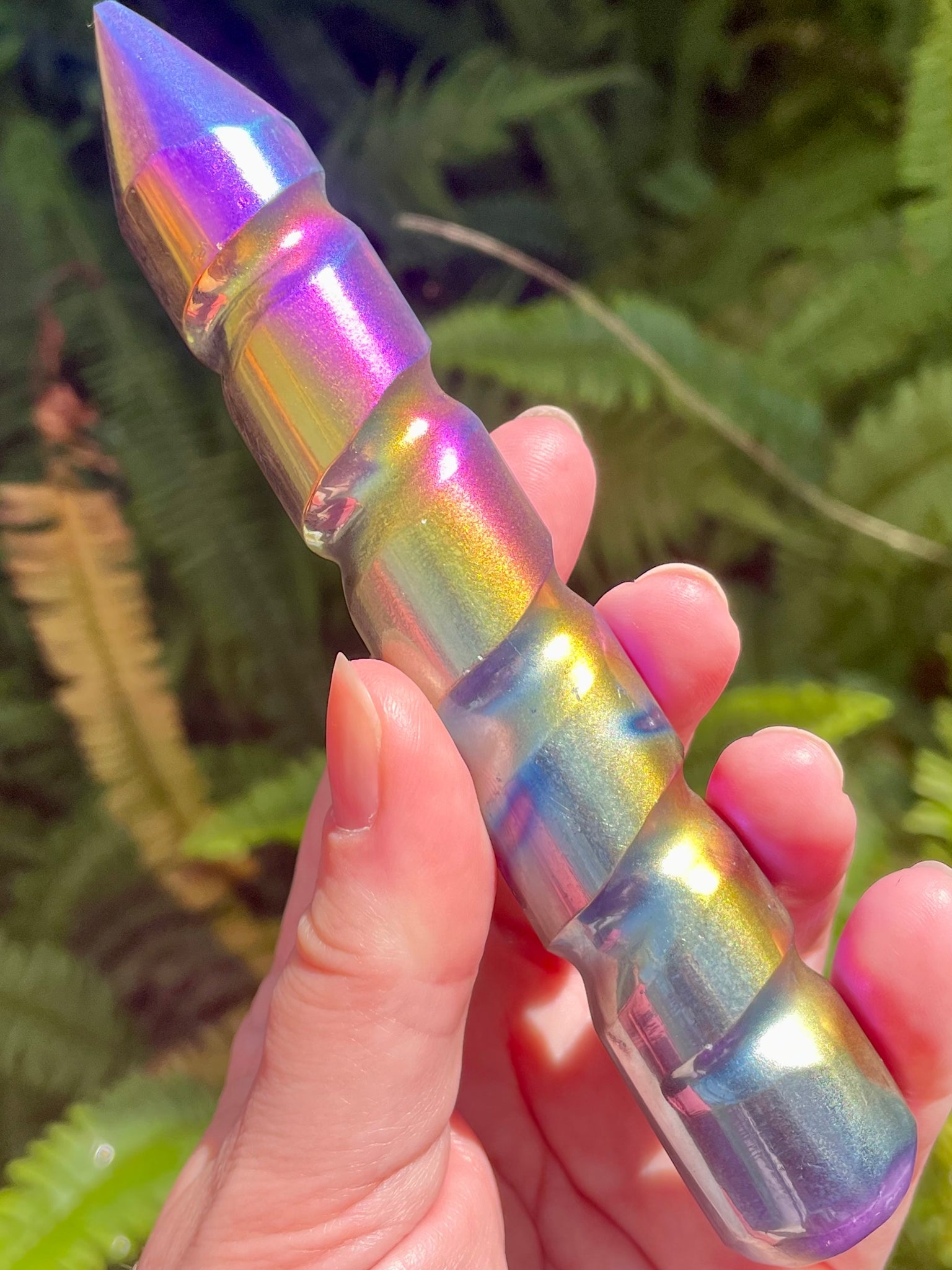 Rainbow Titanium Aura Selenite Spiral Wand - Morganna’s Treasures