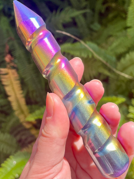 Rainbow Titanium Aura Selenite Spiral Wand - Morganna’s Treasures