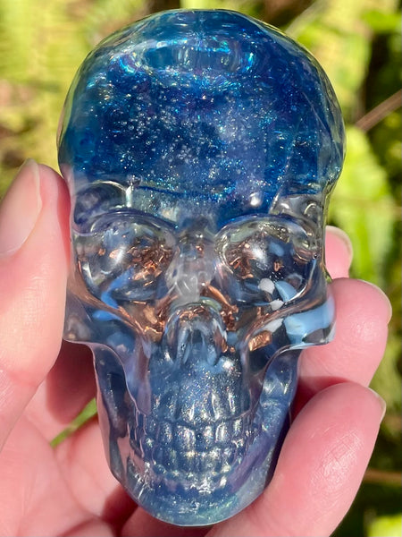 “Celestial” Sodalite, Pyrite, Kyanite, Opalite, Clear Quartz & Copper Orgonite Skull