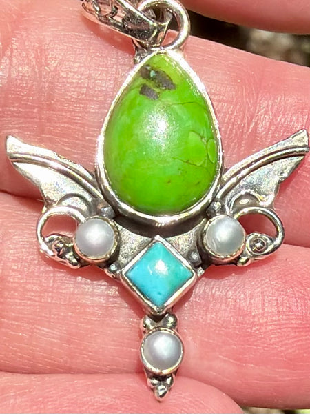 Blue and Green Mohave Turquoise with Pearl Angel Wings Pendant