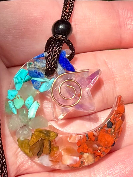 Chakra Moon and Stars Orgonite Necklace