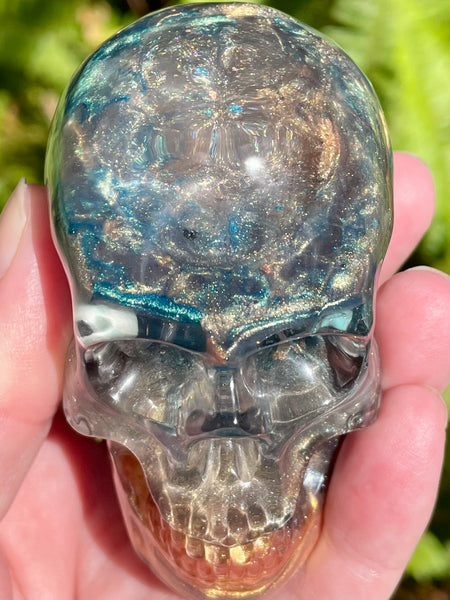 “Mermaid” Sunstone, Aquamarine, Turquoise, Amazonite, Opalite, Clear Quartz & Copper Orgonite Skull - Morganna’s Treasures 