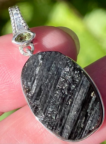 Moldavite and Rough Black Tourmaline Pendant