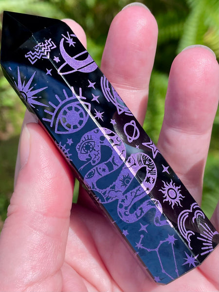 Sacred Symbols Black Obsidian Healing Wand - Purple - Morganna’s Treasures 