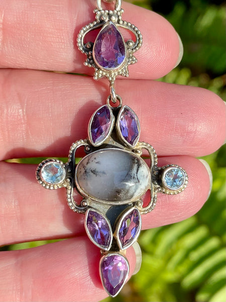 Merlinite, Blue Topaz and Amethyst Pendant - Morganna’s Treasures 