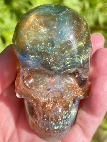 "Elemental" Large Labradorite, Green Aventurine, Blue Aventurine, Moss Agate, Fluorite, Opalite, Clear Quartz & Copper Orgonite Skull