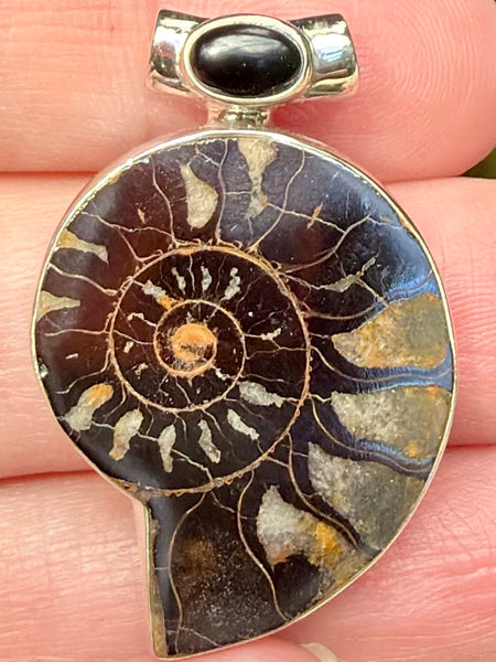 Rare Hematite in Ammonite and Black Onyx Pendant