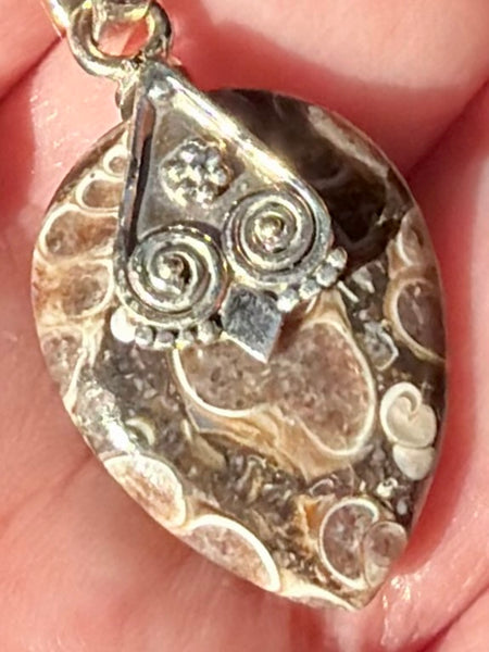 Turritella Agate Owl Pendant - Morganna’s Treasures