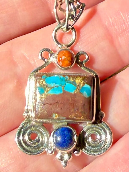 Basalt Turquoise, Red Jasper and Lapis Lazuli Pendant