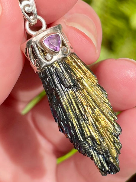 Rainbow Aura Kyanite and Amethyst Pendant - Morganna’s Treasures 