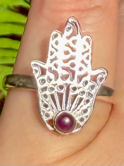 Purple Amethyst Hamsa Hand Ring Size 7.5 - Morganna’s Treasures