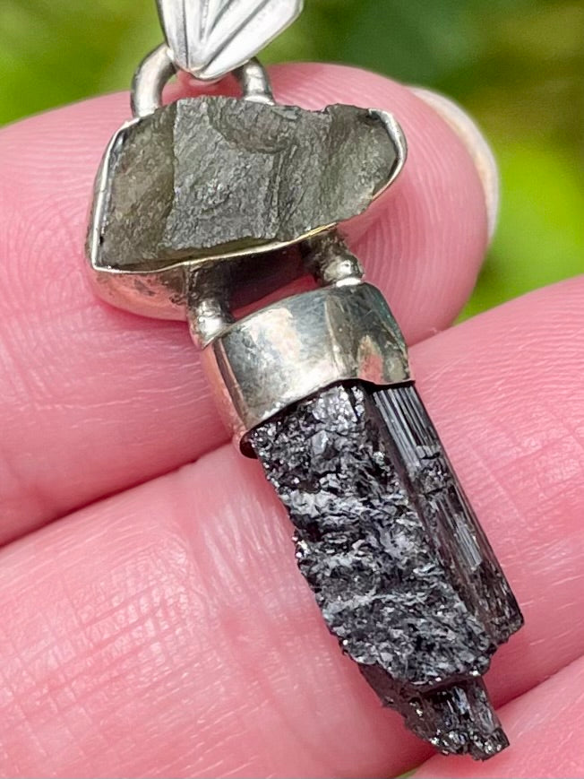 Moldavite and Black Tourmaline Pendant - Morganna’s Treasures 