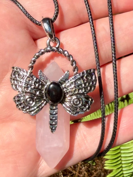 Rose Quartz and Black Onyx Butterfly Pendant/Necklace