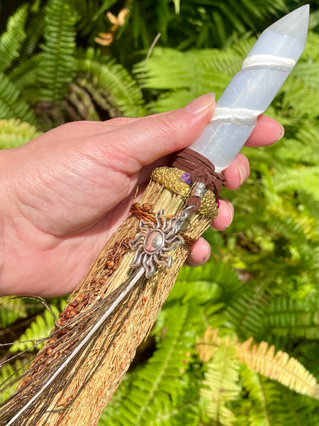 Selenite and Sorghum Altar Broom for Sweeping Away Negative Energy - Morganna’s Treasures