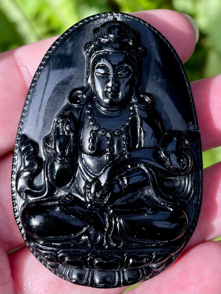 Carved Buddhist Black Obsidian Palm Stone/Pendant - Morganna’s Treasures 