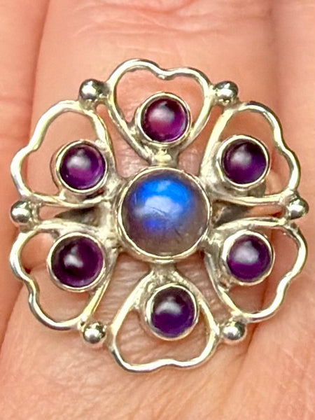 Labradorite and Amethyst Flower Ring Size 9