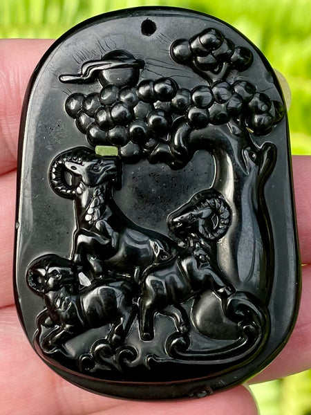 Carved Buddhist Black Obsidian Palm Stone/Pendant - Morganna’s Treasures 