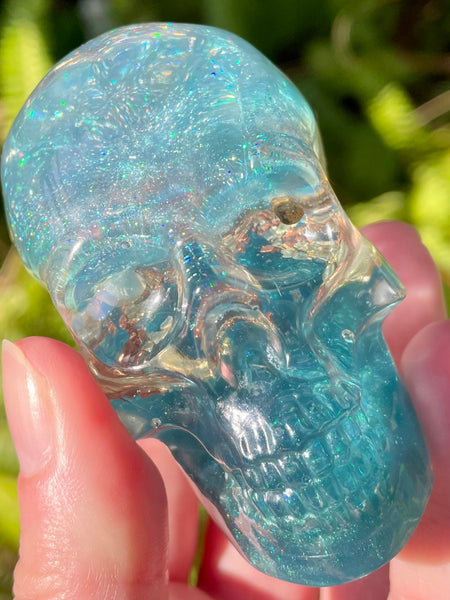 “Selkie” Lemurian Blue Calcite, Blue Kyanite, Turquoise, Opalite, Clear Quartz & Copper Orgonite Skull