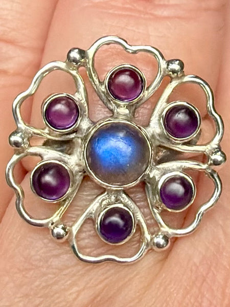 Labradorite and Amethyst Flower Ring Size 9
