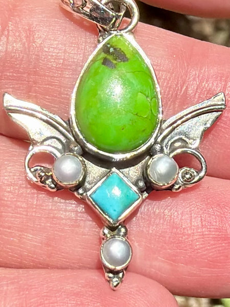 Blue and Green Mohave Turquoise with Pearl Angel Wings Pendant
