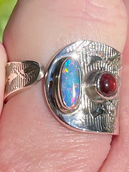 Australian Opal Ring and Garnet Size 7.5 Adjustable - Morganna’s Treasures 