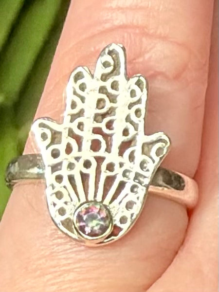 Mystic Fire Topaz Hamsa Hand Ring Size 6 - Morganna’s Treasures