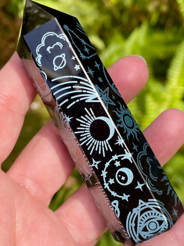 Sacred Symbols Black Obsidian Healing Wand - Turquoise - Morganna’s Treasures 